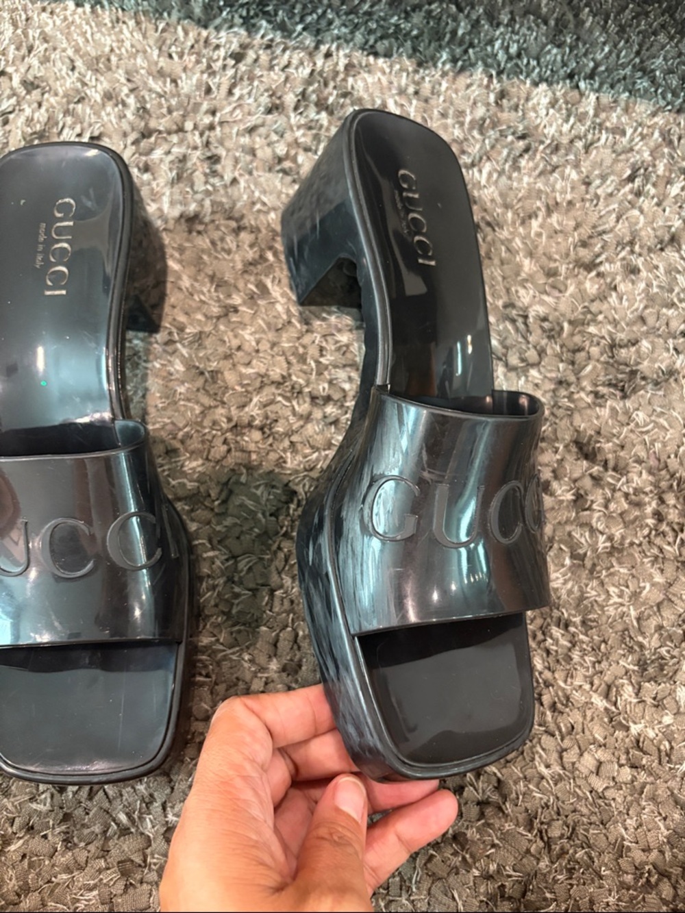 Gucci Black Patent Slide Mules with Embossed Logo - Picture 14 of 15